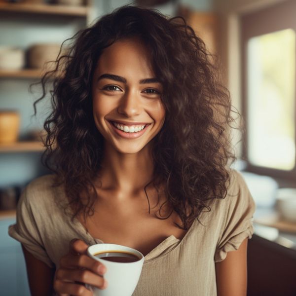 Eine Frau mit lockigem Haar lächelt, während sie eine Tasse Kaffee in der Hand hält. Sie steht in einer gemütlichen, schwach beleuchteten Küche mit Regalen und Geschirr im Hintergrund.